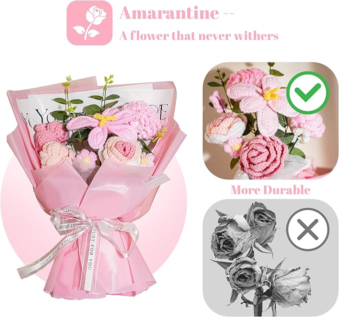 Crochet Flowers Bouquet 8PCS, Handmade Knitted Artificial Crochet Flower Gifts - Tulips Roses Daisies Carnations, Preserved Flowers for Mother's Day Valentine's Day Birthday Home Decor- Pink (Pink)