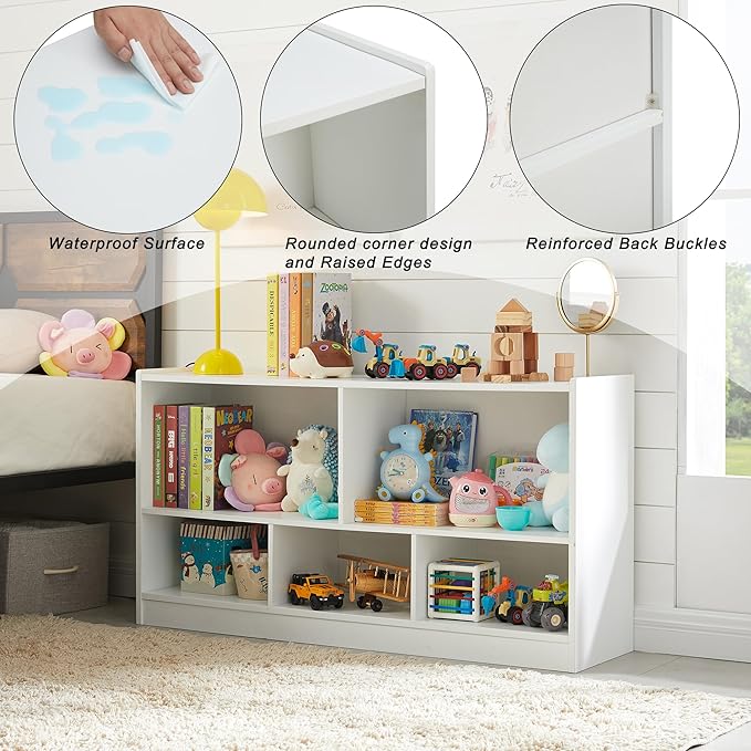 Kids Toy Storage Organizer, 5-Section Storage Cabinet for Organizing Books Toys, Wooden Bookshelf Daycare Furniture for School, Classroom Playroom, Nursery, Kindergarten (White)