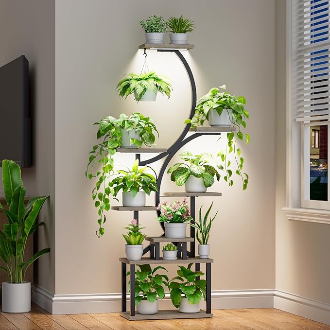 Plant Stand with Grow Lights for Indoor Plants, 8-Tiered Tall Corner Plant Shelf with Full Spectrum Light, S-Shaped Space-Saving Narrow Flower Holder, Anti-Tip for Living Room Bedroom Office, Grey