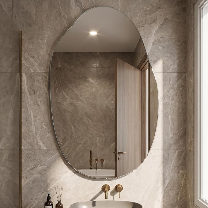 BEAUTYPEAK Asymmetrical Mirror, 26 x 40 Inches Irregular Wall Mirror, Wood Frame Unique Shape Wall Mounte, Decorative for Living Room Bedroom Entryway Hallway