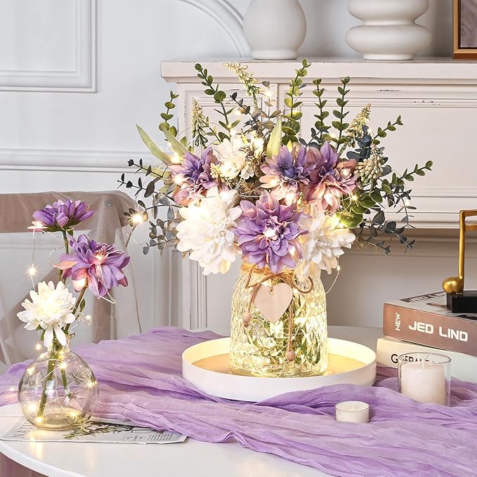 MARTINE MALL Fake Flowers in Vase with Lights, Faux Flowers in Vase, Dahlia Artificial Flowers in Vase Centerpiece Table Decorations Artificial Flower Arrangement for Home Dining Room Farmhouse
