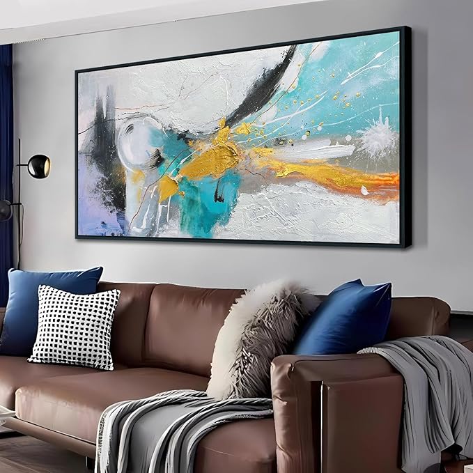 Arjun Large Abstract Wall Art for Living Room Wood Framed, Black and White Canvas Painting for Mens Room Textured Modern Picture Bedroom Home Office Wall Decor 48"x24"