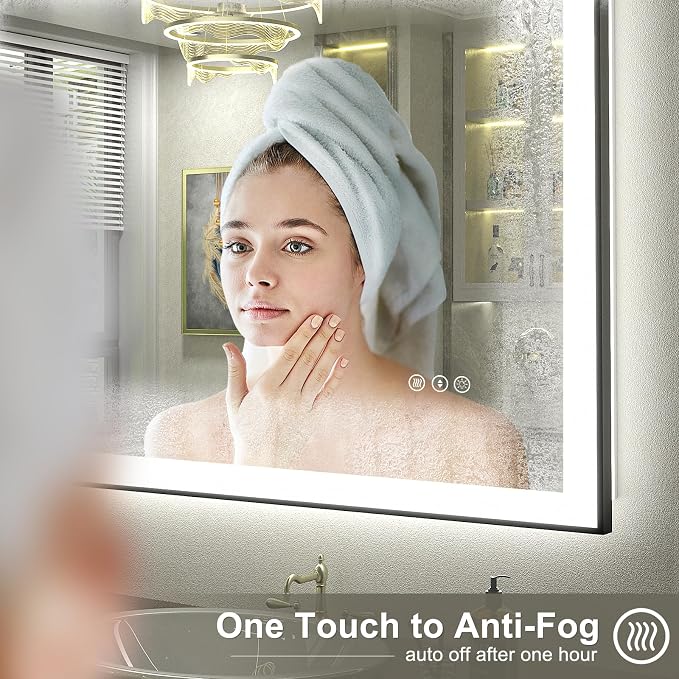60x40 Framed LED Bathroom Mirror, Large Dimmable Vanity Mirror with Lights, Anti-Fog, Shatterproof, Memory (Backlit and Front Lighted)