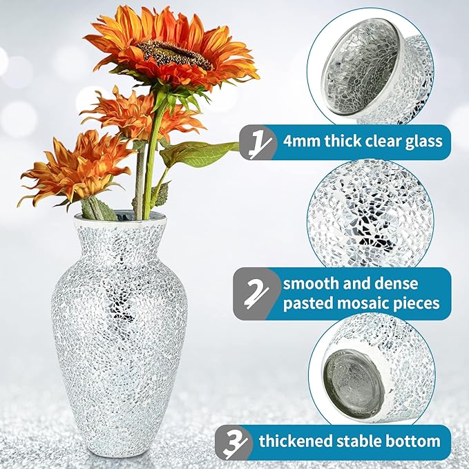 MDLUU Mosaic Vase 11" Tall, Handcrafted Cracked Glass Vase, Decorative Flower Vase for Home Decor, Wedding, Table Centerpiece, Gift (Silver)