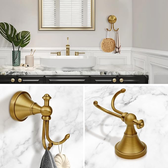 Antique Brass Towel Hook, Brass Bathroom Robe Hook, Rustic Double Towel Hooks Bath Farmhouse Coat Clothes Hook Wall Mounted for Bathroom Kitchen Washroom