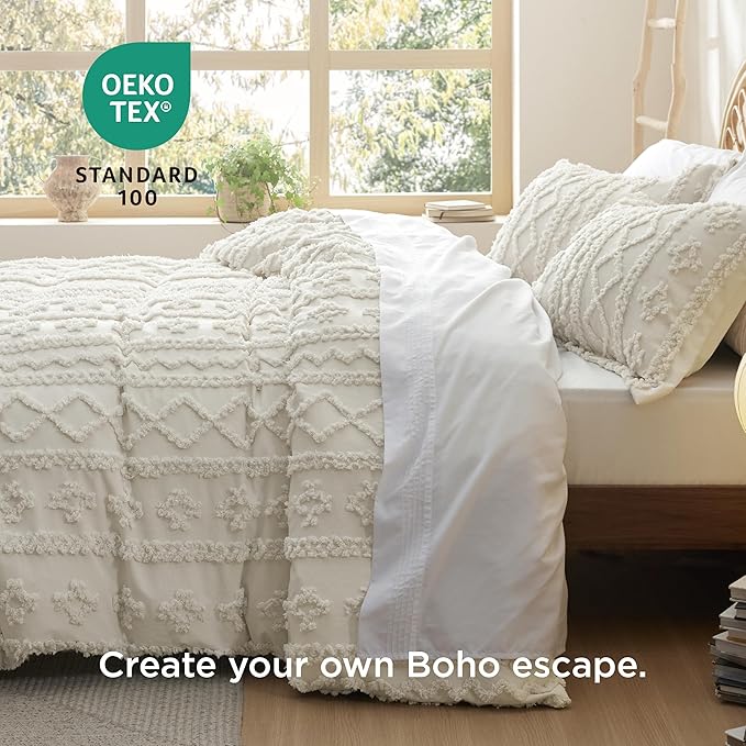 Bedsure Boho Duvet Cover Queen Size, Soft & Comfortable Elegant Design Boho Bedding for Decoration, Machine Washable Comforter Cover for All Seasons,Includes 1 Duvet Cover & 2 Pillow Shams,Beige
