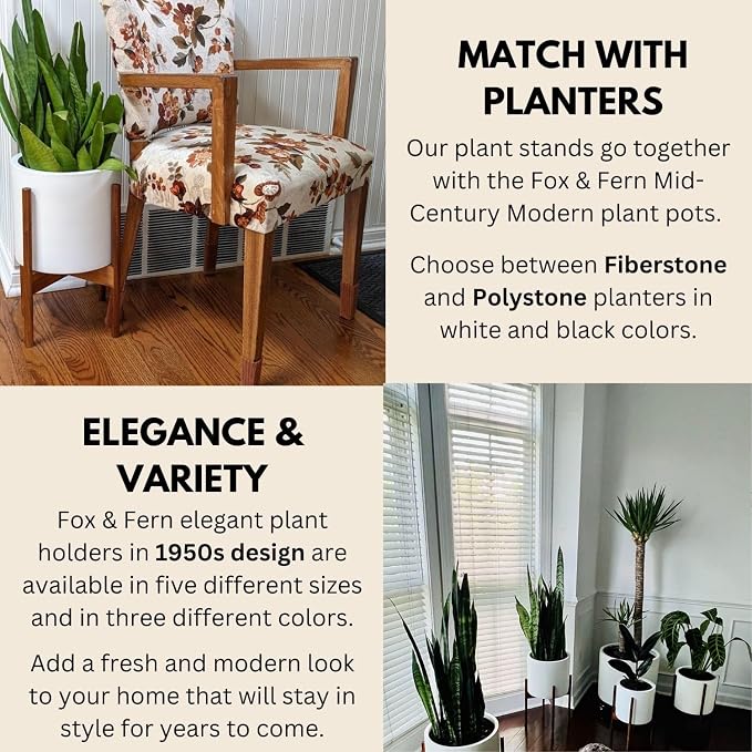 Fox & Fern Mid Century Plant Stand — 10 Inch Fixed Size Wooden Plant Stand for Indoor Planters (Not Included) - Raised Flower Pot Holder for Indoors - Plug In Design - Two Height Options - Acacia