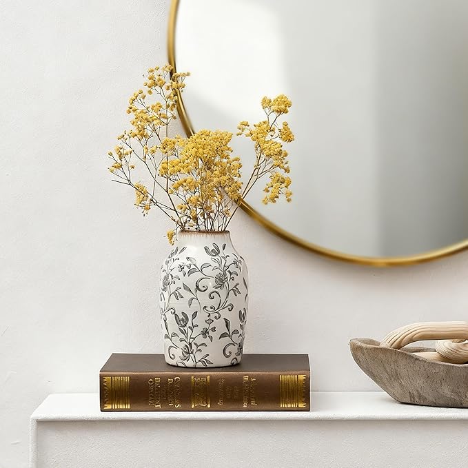 SIDUCAL Ceramic Vintage Vase, 7 Inch Retro Ice Cracked Chinoiserie Floral Vase, Rustic Farmhouse Vases for Home Decor, Bookshelf, Office, Garden, Chinoiserie Decor, Tuscan Decor, Gray Floral Pattern