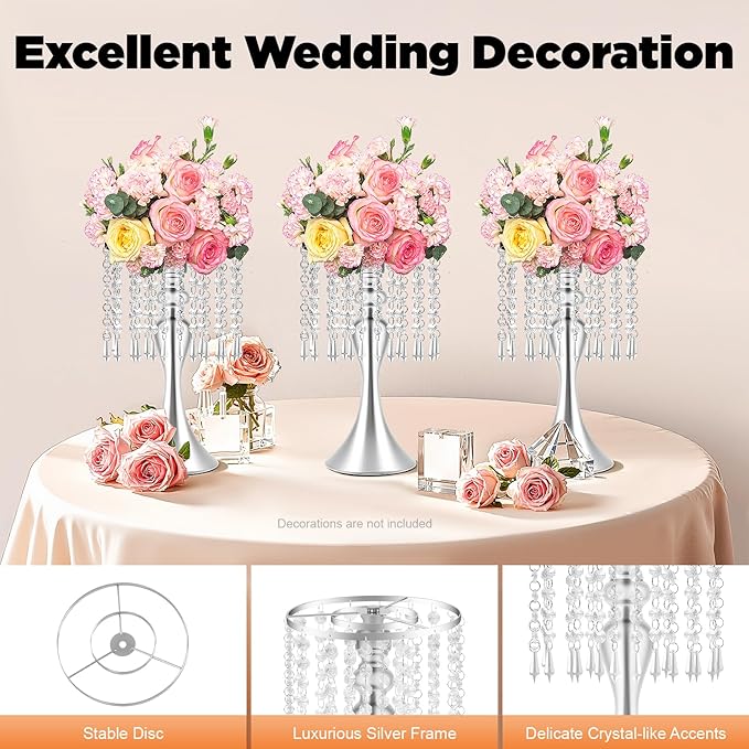 10PCS Silver Wedding Centerpiece Stands, 13.79 Inches Acrylic Crystal Flower Vases for Table Decor, Modern Silver Flower Stand for Wedding Reception, Party, Home Decor, Centerpieces for Tables