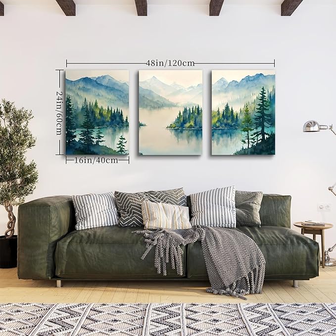 SERIMINO Nature Landscape Wall Art for Living Room, Green Forest Mountain Canvas Prints Paintings Room Decor, Lake Tree Cottagecore Modern Farmhouse Wall Decor Set of 3, 16"X24"
