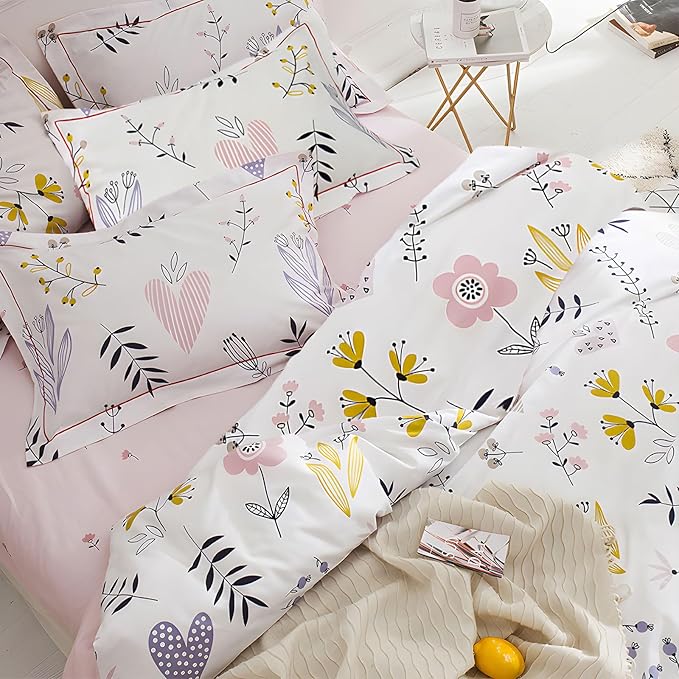 HighBuy Floral Comforter Set Queen Size 3 Piece White Pink Flower Comforter with 2 Pillow Shams Cottagecore Fluffy Comforters Soft Boho Bedding Set for Queen Bed,Lightweight,Breathable,All Season
