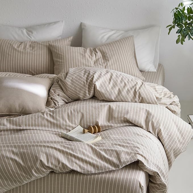 MooMee Striped Duvet Cover Set 100% Washed Cotton Linen Like Textured Breathable Durable Soft Comfy (Tannish Linen Grey White Wide Stripes, Super King 108"x98")