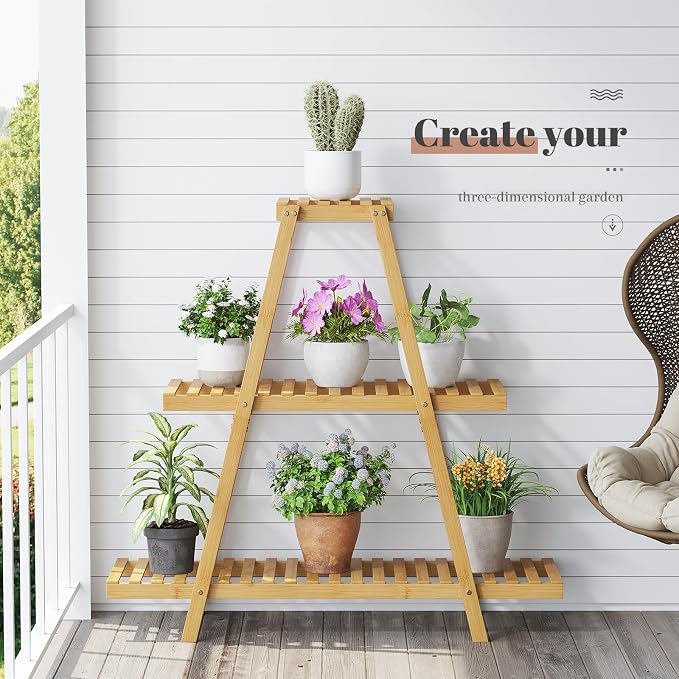 STDDRE Plant Stand For Indoor Outdoor Tiered Plant Shelf 3 Tier 8 Potted Bamboo Flower Holder Ladder Rack For Multiple Triangle Table Plant Pot Stand (Natural)
