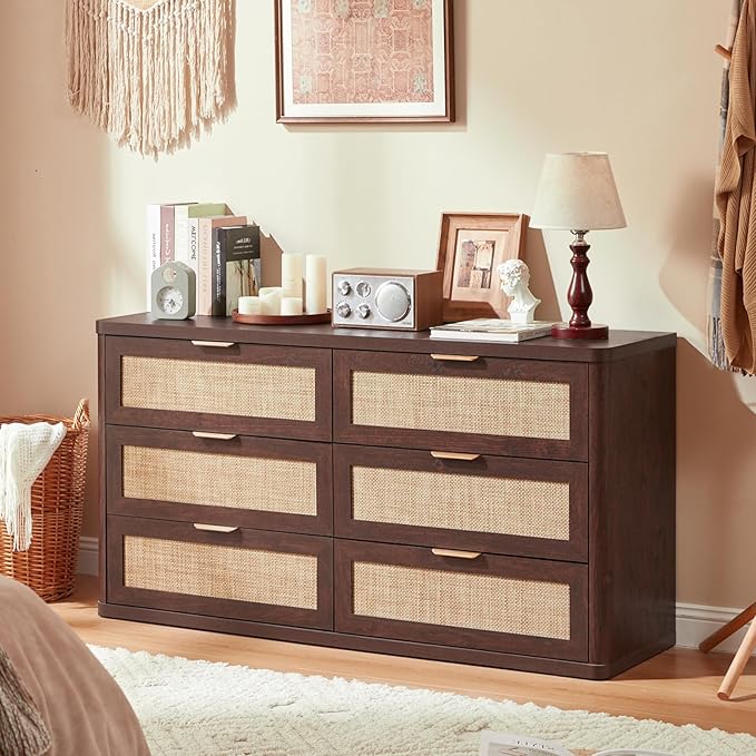 LEYAOYAO Rattan 6 Drawer Dresser for Bedroom, 54" Wide Boho Chest of Drawers, Wooden Dressers TV Stand with Metal Handle, Storage Closet Organizer for Living Room, Hallway, Walnut