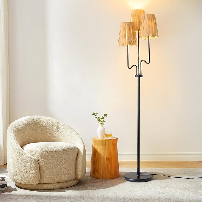 Raffia Floor Lamp, 68in. Dimmable Boho Floor Lamps with Natural Raffia Shade, 3-Light Standing Lamp with Weighted Base, Soft Uplight for Living Room, Bedroom, Reading Corner (Dimmable-Raffia Shade)
