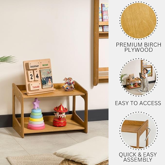 Montessori Bookshelf for Toddlers Solid Wood Toy Storage Shelf Organizer for Playroom and Classroom Floor Bookshelf for Kids Room (Oak, 2 Shelves)