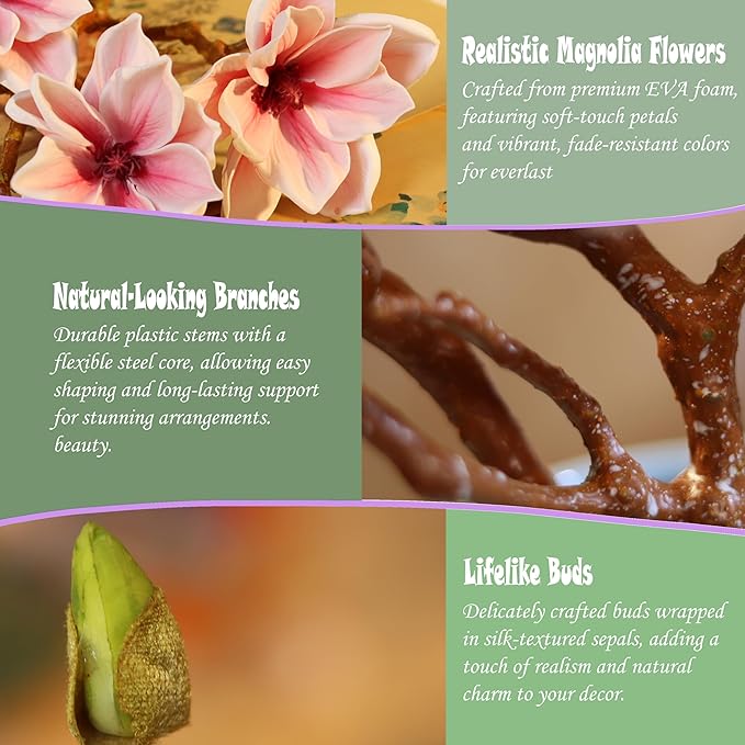 3pcs Artificial Magnolia Flower Branches, 31 Inch Long Stem Faux Floral, Premium Faux Bloom for Home Decor, Centerpieces, and Wedding Arrangements, Pink