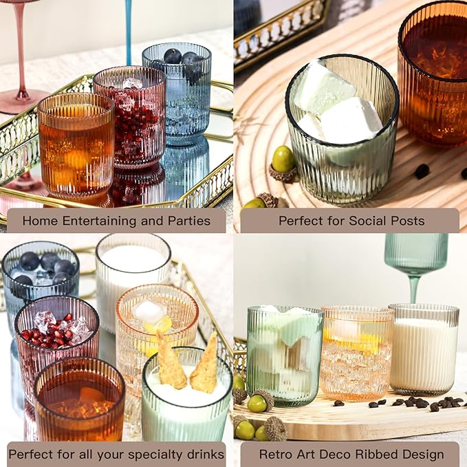 Colored Ribbed Drinking Glasses Set of 6 - 8.5oz,Multicolor Vintage Glassware,Highball Glasses for Juice, Coffee, Cocktails,Colorful Tumbler Glasses Cup Set for Party,Housewarming,Mother's Day