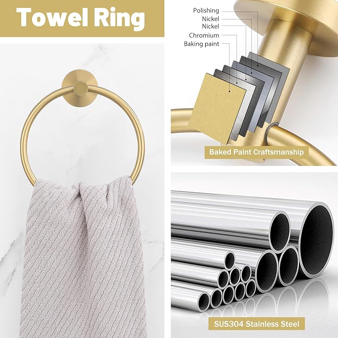 6 Pieces Brushed Gold Towel Bar Bathroom Hardware Set, 23.6Inch Brushed Gold Bathroom Accessories Towel Holder Set, SUS304 Stainless Steel Towel Racks for Bathroom