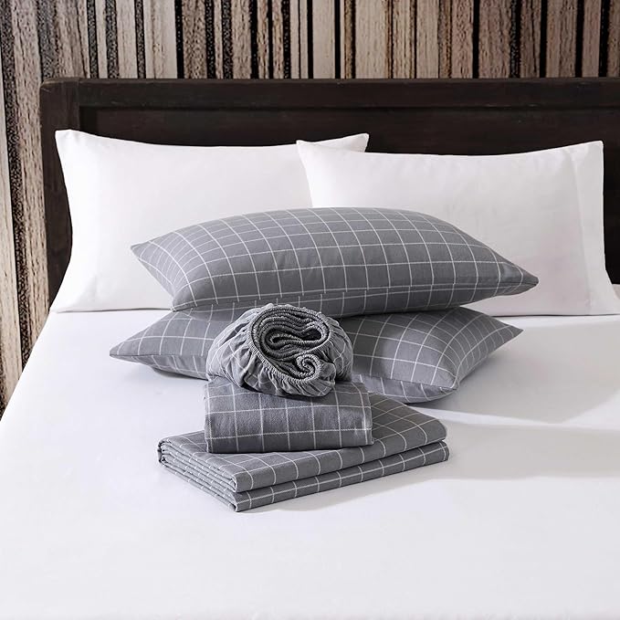 Eddie Bauer - Twin Bed Sheets, Cotton Flannel Bedding Set with Matching Pillowcase, Brushed for Extra Softness, Deep Pocket, Oeko-Tex Certified (Great Plains Plaid Grey)
