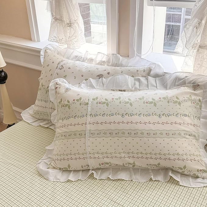 VM VOUGEMARKET Girls Flower Comforter Set Green Leaves with Cute Rabbit Comforter with 2 Pillow Shams Romantic Ruffle Down Comforter Set(3pcs,Queen)