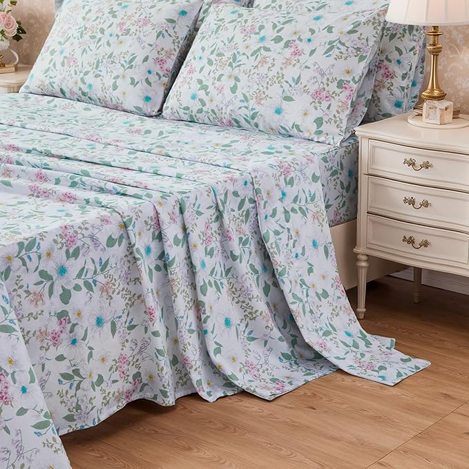 FADFAY Twin Extro Long Size Sheets Set 100% Cotton Vintage Floral Shabby Flowers & Leaves Pattern Farmhouse Bedding Set Deep Pocket Sheets with 2 Pillowcases Breathable Soft 4Pcs, Twin XL