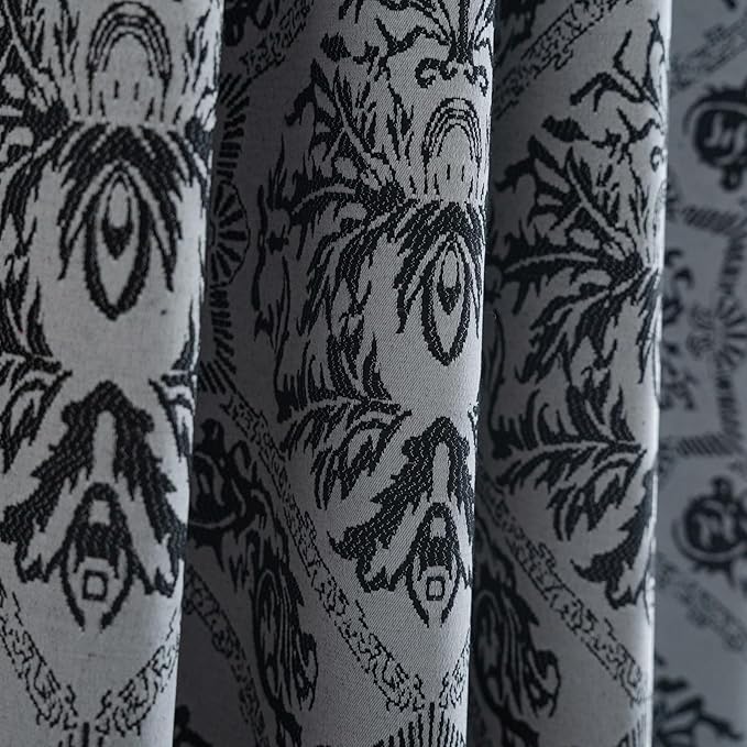 ENJOYBRIDAL Black Damask Curtains 96 Inches Long Semi Sheer Rod Pocket Drapes Bedroom Living Room 2 Panels Long Window Curtain Panels Boho Jacquard Medallion Pattern Light Filtering Window Treatments