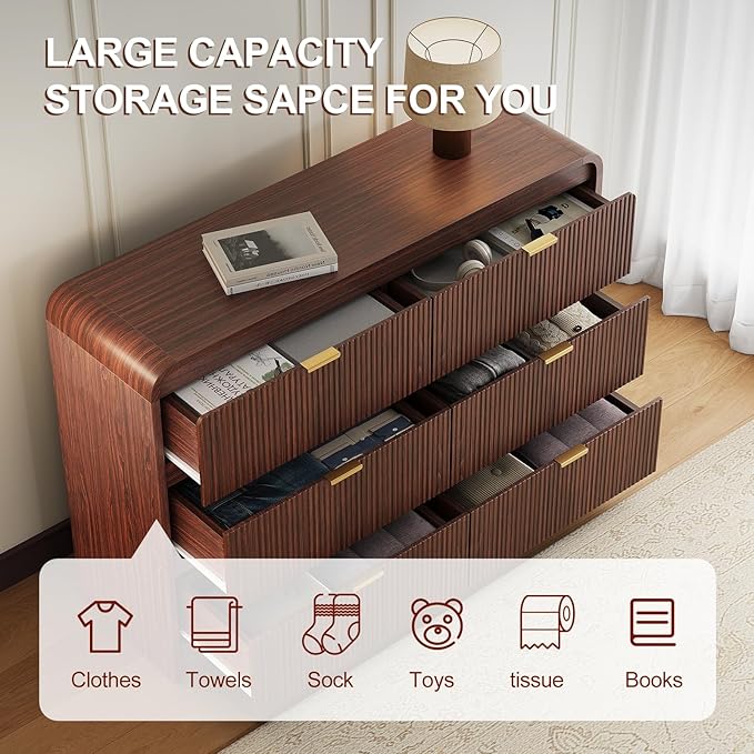 FURSUN Fluted 6 Drawers Dresser for Bedroom, 54" Wide Wooden Dresser with Metal Handle, Curved Profile Design, Modern Storage Organizer for Bedroom, Hallway (Walnut)