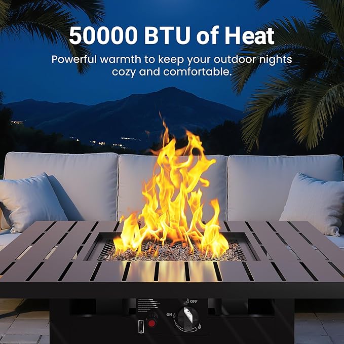 FansaFurn 30'' Propane Fire Pit Table, 50000 BTU Gas Fire Pits Table with Removable Lid and Lava Rock, Square Fire Table with Cover, Ideal for Dining or Party on Patio, Garden, Yard, Black