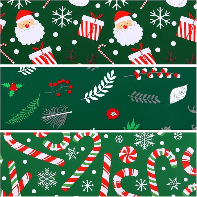 Miss DuiDui Green Christmas Wrapping Paper, 3 Rolls, 17 inch x 9.8 feet, Candy-Canes Santa Design for Girls Boys Kids, Christmas, Party, Holiday
