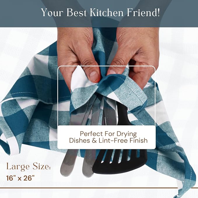 Teal Buffalo Check Plaid Kitchen Towels, 4 Pack, 100% Cotton, 16x26 Inches, Super Absorbent, Quick Dry, Soft, Dish Drying & Cleaning Towels with Hanging Loop, Teal Green and White