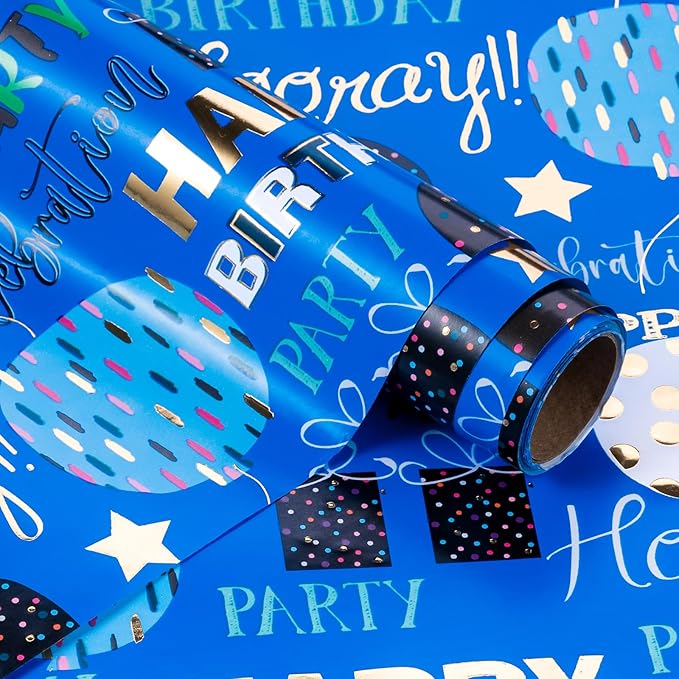 WRAPAHOLIC Birthday Wrapping Paper - Mini Roll - 17 Inch x 16.5 Feet - Blue Gold Foil Happy Birthday Wrapping Paper for Kids, Boys, Men, Baby Shower