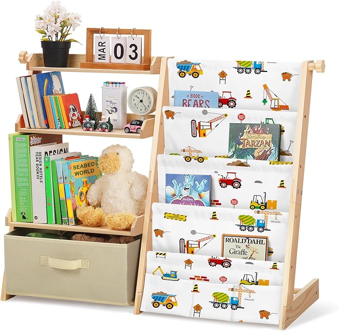 Kids Bookshelf and Toy Storage Organizer 2 in 1 Toddler Bookcase-4 Tier Book Shelf with Toy Box for Kids Room,Nursery,Playroom