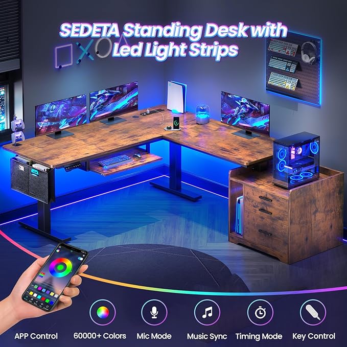 SEDETA L Shaped Electric Standing Desk with File Cabinet, 63 x 53'' Height Adjustable Home Office Computer Desk with 3 Drawers, Power Outlet, Stand up Gaming Table with Led Lights, Rustic Brown