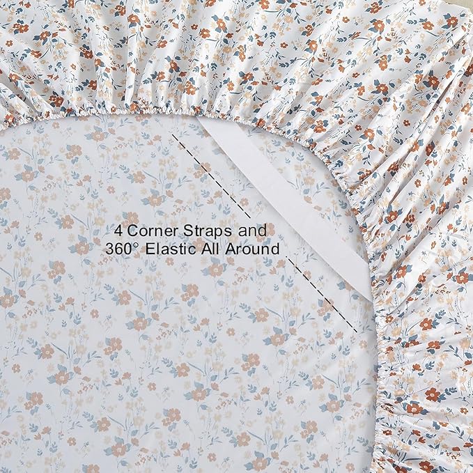 Softan Floral Twin Size Sheet Set, Orange Flower Printed Bed Sheets for Girls, 3-Piece Microfiber Single Fitted Sheet with 15" Deep Pocket & Non-Slip Straps, Patterned Bedding Sheets & Pillowcase Set