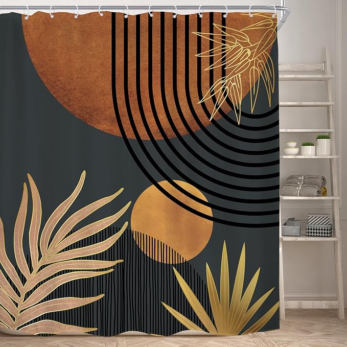 KOMLLEX Mid Century Brown Black Boho Shower Curtain for Bathroom Decor 72Wx78H Inches Abstract Modern Plant Botanical Minimalist Arch Sun Neutral Fabric Waterproof Polyester 12 Pack Hooks Pack Hooks