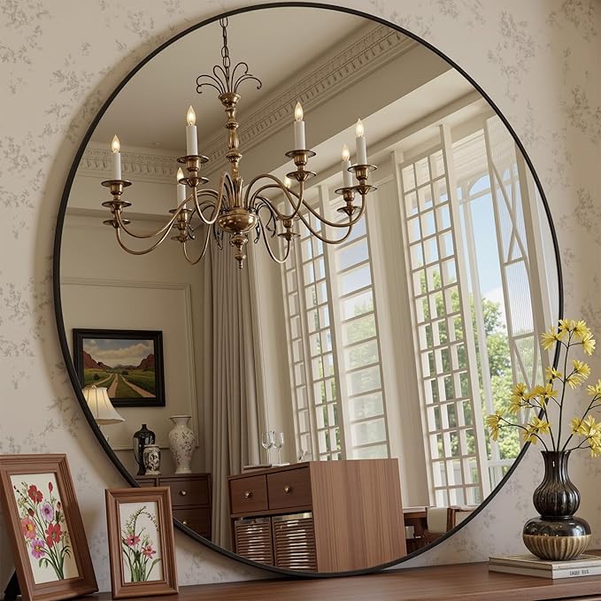 Antok 36 Inch Round Mirror for Wall, Round Bathroom Mirror, Circle Wall Mirrors with Black Metal Frame, Circle Mirrors Suitable for Wall, Bathroom, Vanity, Living Room, Entryway