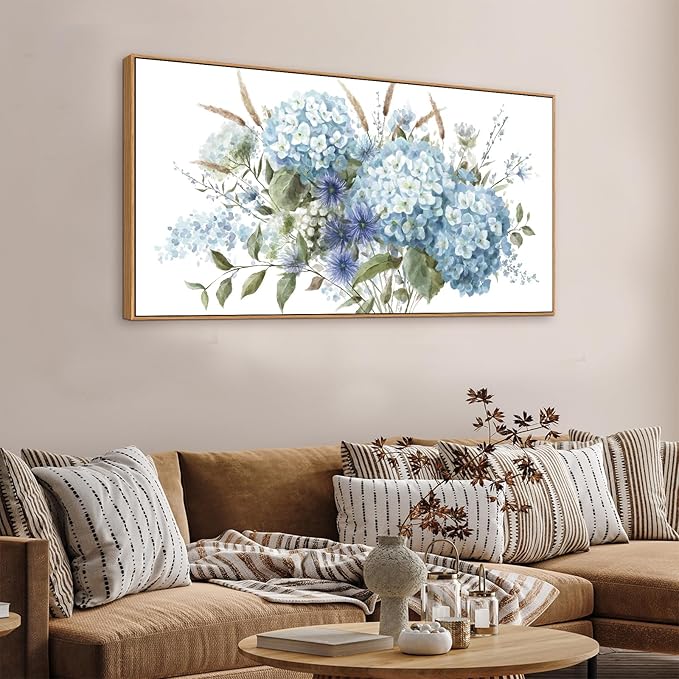 VEAEE Framed Flowers Canvas Wall Art - Blue Floral Canvas Pictures, Living Room Wall Decor, Blue Hydrangea Botanical Canvas Prints Painting Abstract Artwork Bedroom Office Home Decor 24"x 48"