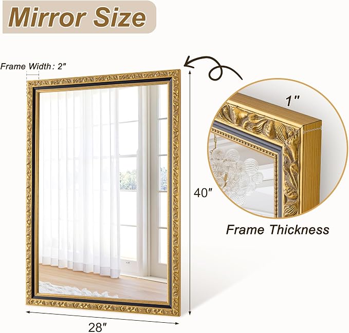 Vintage Gold Baroque Mirror, 40'' x 28'' Rectangular Ornate Antique Mirror with Carving Wood Frame, Decorative Wall Mirrors for Living Room, Bathroom, Entryway, Fireplace, Horizontal/Vertical