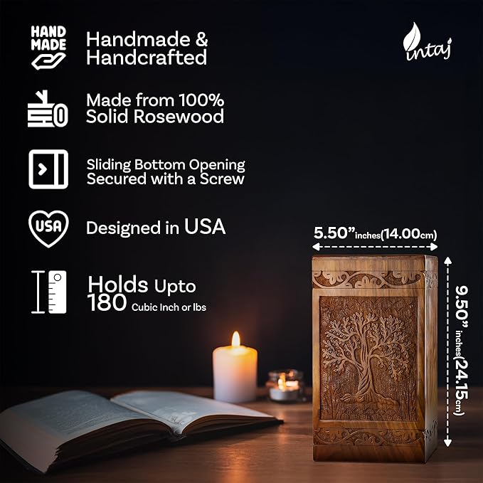 INTAJ Wooden Tree of Life Cremation Urns for Human Ashes – Memorial Urn Box and Casket for Adult Male, Female, Child, or Pets (Cat/Dog) – Burial Funeral Urn Holds Up to 180 Cubic Inches of Ashes