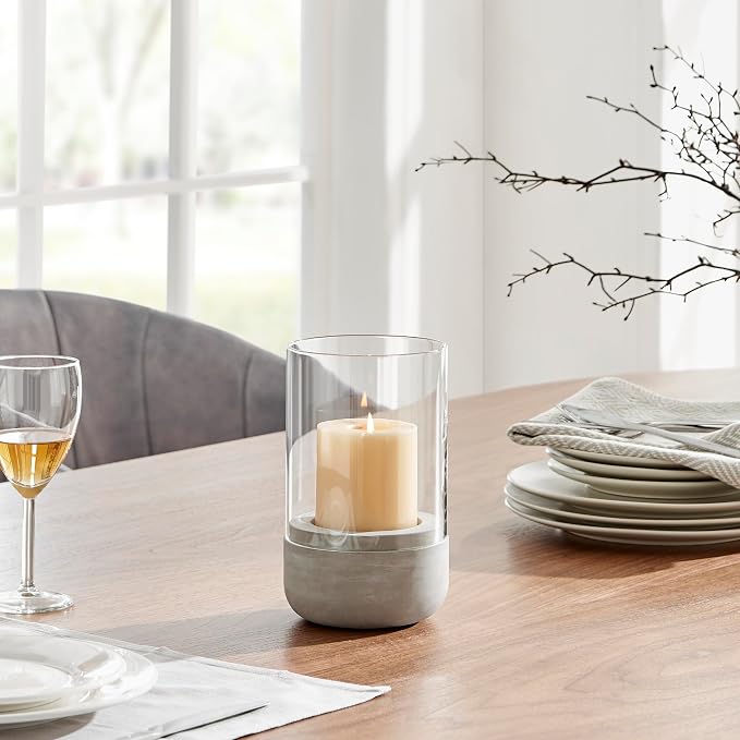 Danya B. Modern Cool Gray Cement Base and Glass Pillar Hurricane Candle Holder (Small)