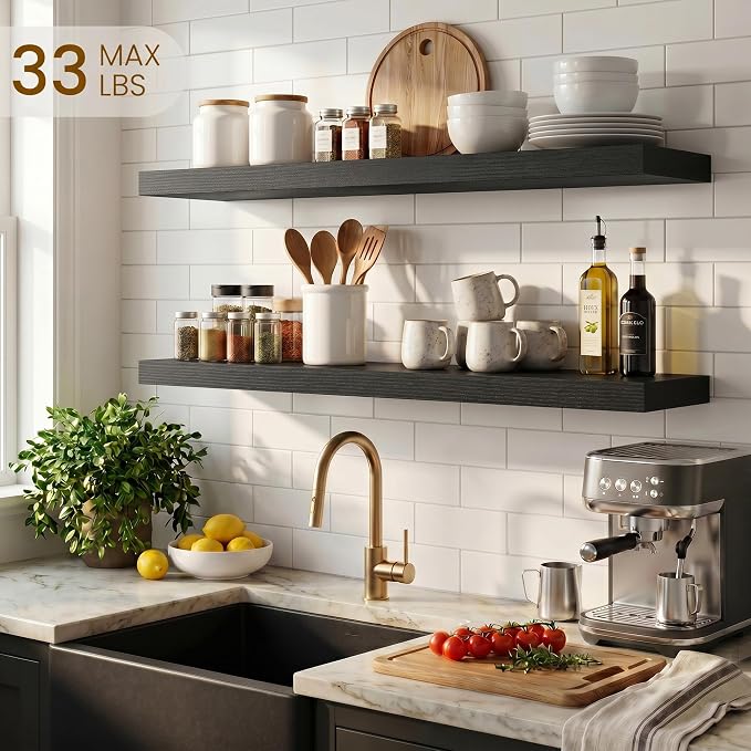Dreamland Floating Shelves for Wall, 27.5 Inch Long Shelves, Wall Decor for Bedroom, Kitchen, Living Room & Book Storage, Mounted Floating Shelf with Invisible Brackets, Set of 2, Black
