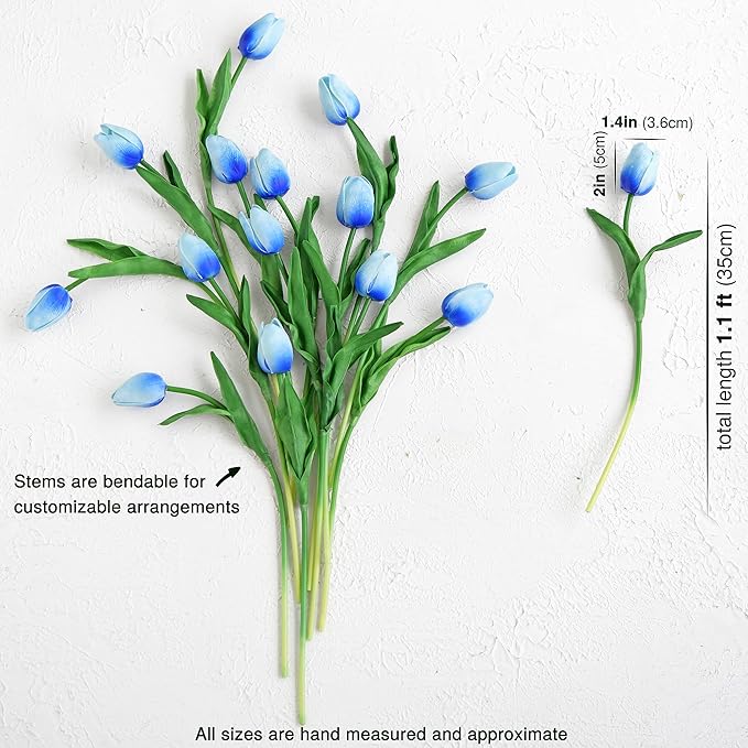 FiveSeasonStuff Real Touch Tulips Artificial Flowers – 15 Stems Faux Tulip Bouquet in Gift Box for Wedding, Home Decor, Party, Floral Arrangements (Maya Blue)