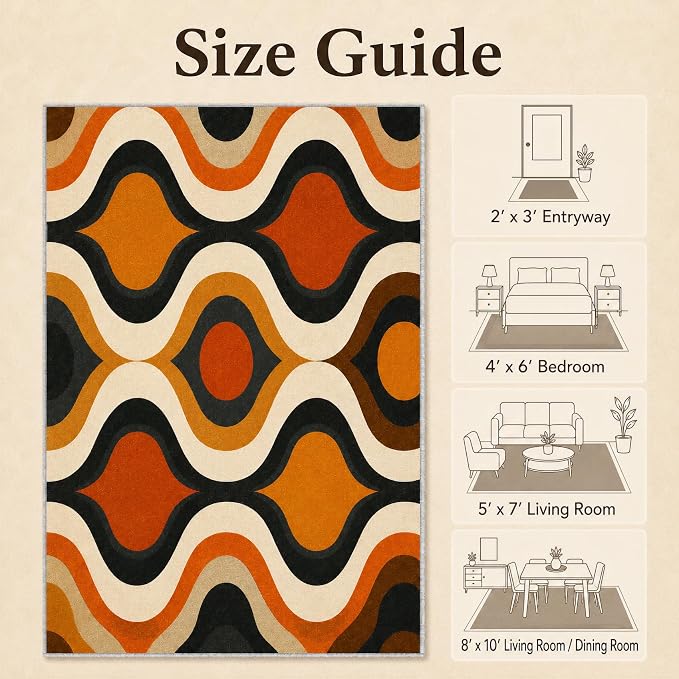 Retro Wave Area Rug 6x9, Mid-Century Modern Geometric Rug, Orange Brown Abstract Carpet for Living Room Bedroom, Soft Non-Slip Washable Rug
