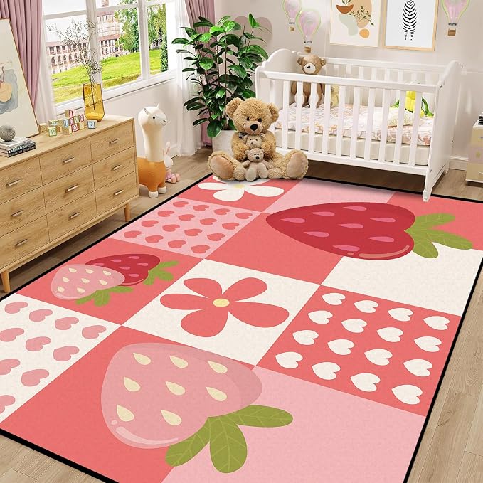 Strawberry Checkered Rug Cute Red Area Rug Love Flower Washable Carpet for Bedroom Living Room Nursery Kitchen Playroom Home Decor Soft Non Slip Floor Mat，6'x9'
