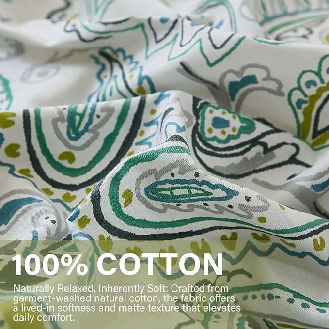 100% Cotton Floral Duvet Cover King - Green Paisley Comforter Cover 3-PC, Soft & Breathable Bedding Duvet Cover Sets with Zipper Closure & Corner Ties, Retro Duvet Cover Sets