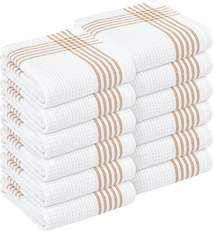 Waffle White & Brown 12 Pack Kitchen Towels Set, 100% Cotton, 16x26 inches, Professional Quality Cleaning Towel for Bar, Home, Restaurant Use, Absorbent Dish Cloths for Drying Dishes