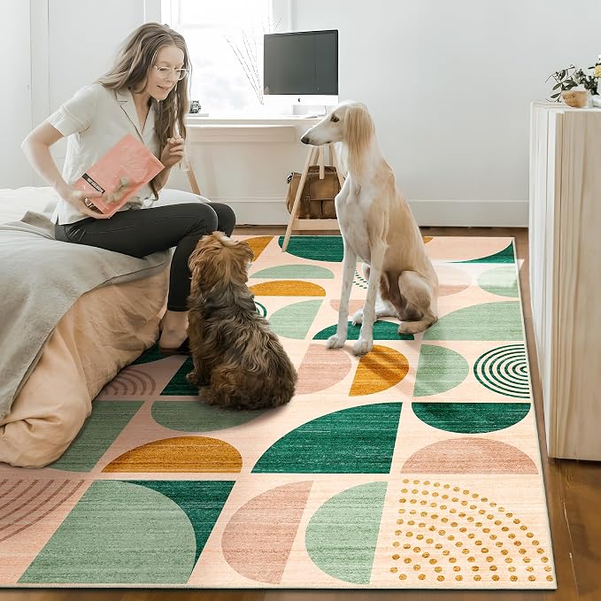 MUJOO Green Rug Boho Washable,4x6.5 Area Rugs for Bedroom Entryway Living Room Bedside,Small Throw Floor Carpet Non Slip Soft Indoor Modern Abstract Sage Green