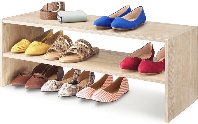 Whitmor Wood Stackable 2-Shelf Shoe Rack, White Oak, 31 inches