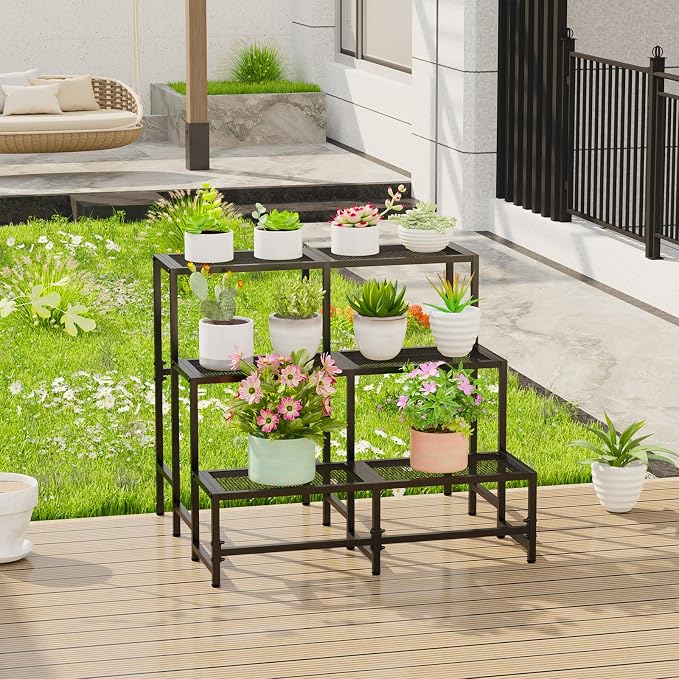 Garden 4 you 3 Tier Large Metal Plant Stand, Garden Display Shelf Flower Pot Holder Storage Organizer Rack for Indoor Home Outdoor Patio Balcony Yard( Black,Rectangle)